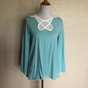 Soft Surroundings Ophelia Slub KnitTop Cut Out Neckline Size S, PM Blue New